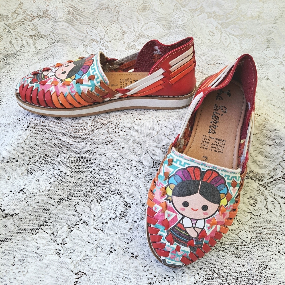 Girls Colorful Leather Fiesta Shoes Mexican Huarache Fida Kahlo Cartoon Girl sz2